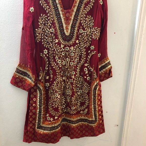 Salwar Kameez Dresses & Skirts - deep red heavy dress on pure krinkle chiffon